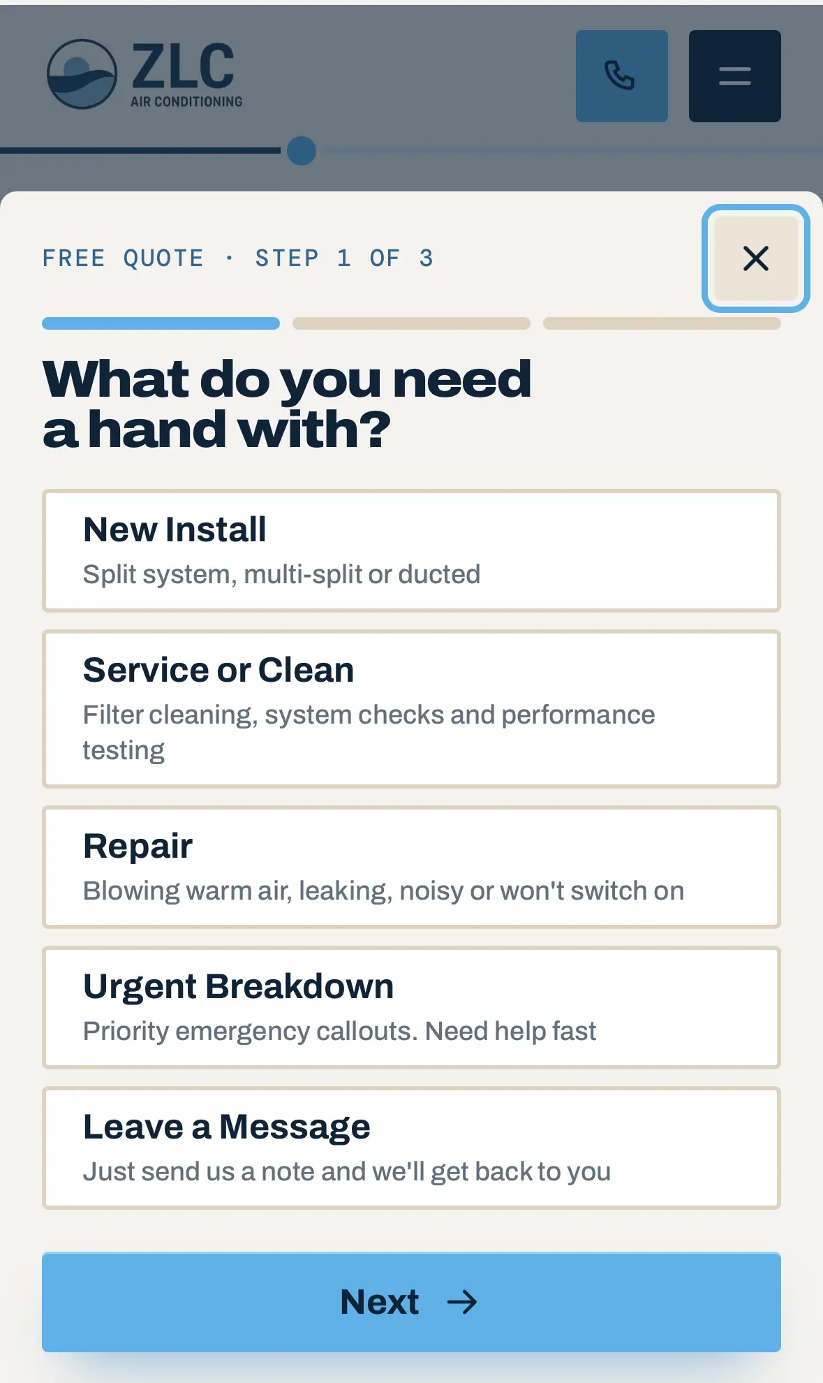 ZLC Air Conditioning on a phone, screen 3